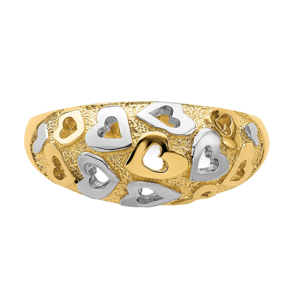 14k Yellow Gold and Rhodium Hearts Dome Ring