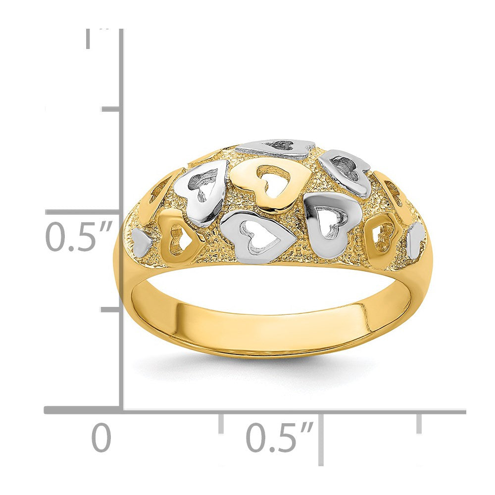 14k Yellow Gold and Rhodium Hearts Dome Ring