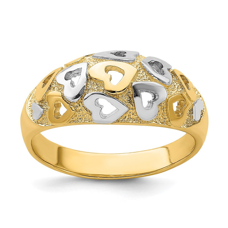 14k Yellow Gold and Rhodium Hearts Dome Ring