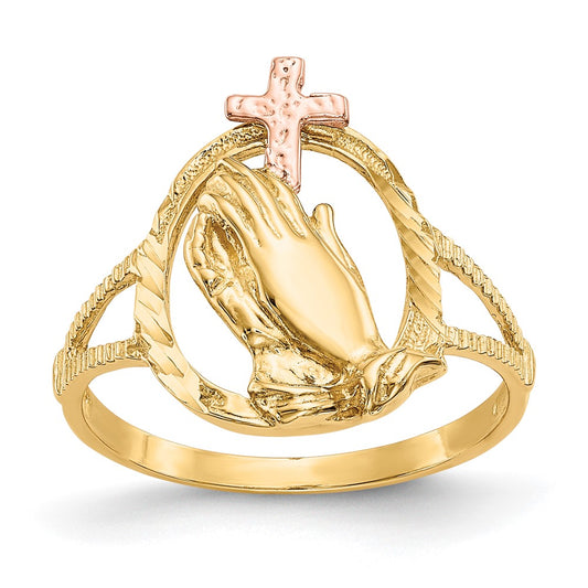 14K Two-Tone Gold Real Diamond Cut Praying Hands Cross Ring