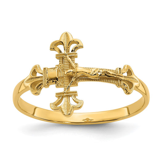 14K Yellow Gold Real Diamond Cut Crucifix Ring