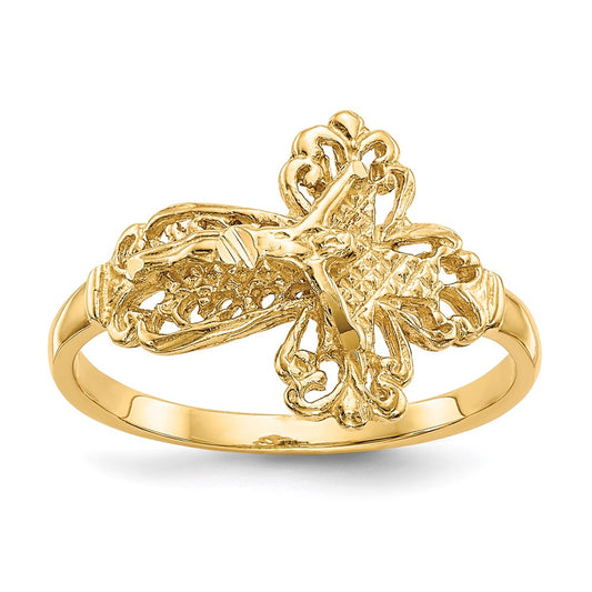 14K Yellow Gold Real Diamond Cut Crucifix Ring