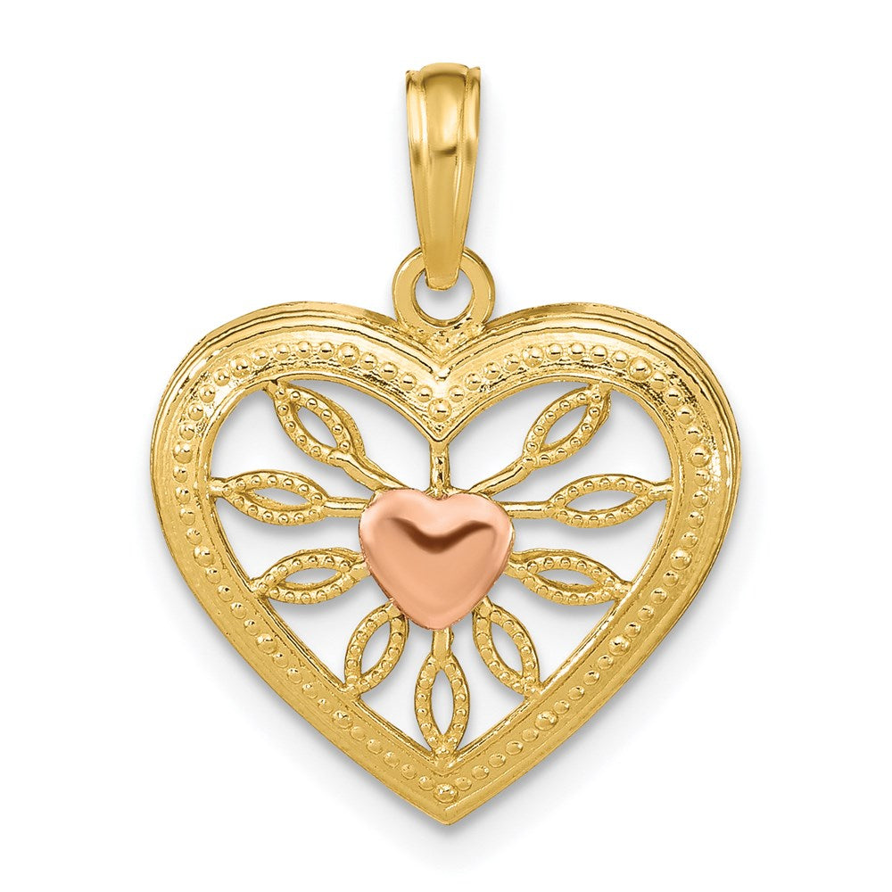 14k Two-tone Gold Heart with Pink Center Charm