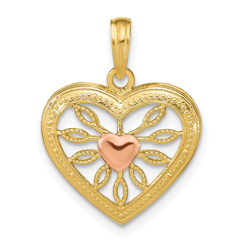 14k Two-tone Gold Heart with Pink Center Charm