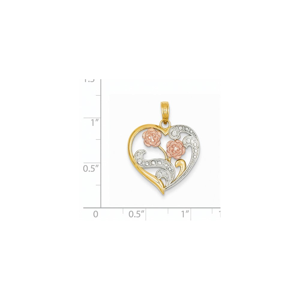 14k Two-tone Gold & Rhodium Flowers on Cut-out Heart Pendant