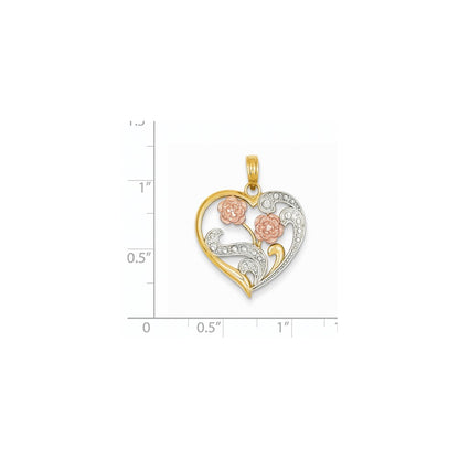14k Two-tone Gold & Rhodium Flowers on Cut-out Heart Pendant