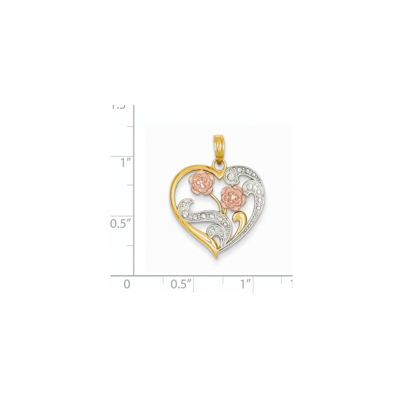 14k Two-tone Gold & Rhodium Flowers on Cut-out Heart Pendant