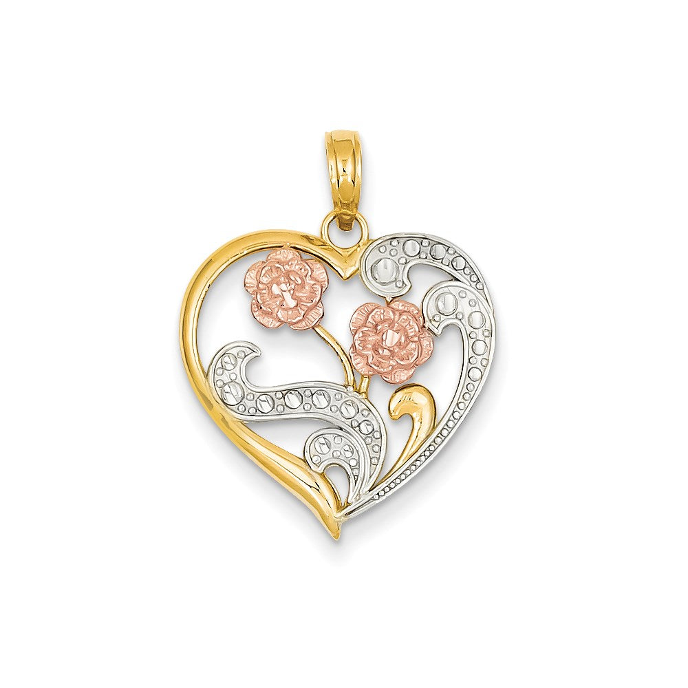 14k Two-tone Gold & Rhodium Flowers on Cut-out Heart Pendant