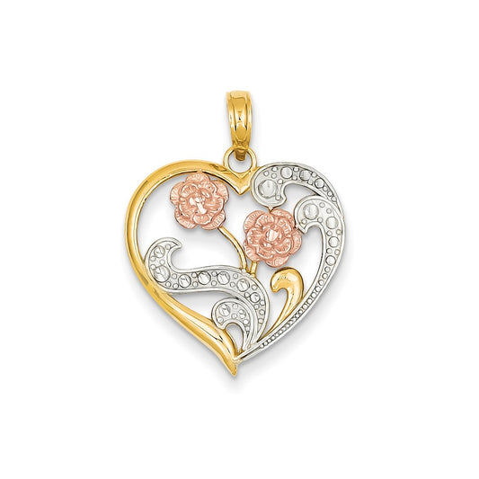 14k Two-tone Gold & Rhodium Flowers on Cut-out Heart Pendant