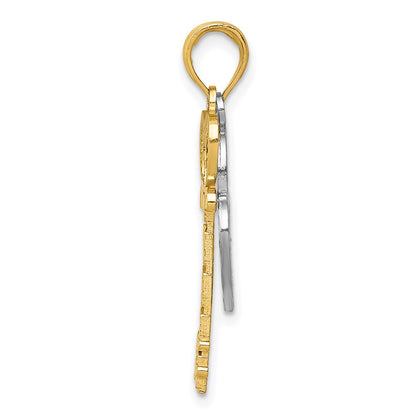 14k Yellow & Rhodium Gold w/White Rhodium Moveable Filigree Heart Key and Lock Charm