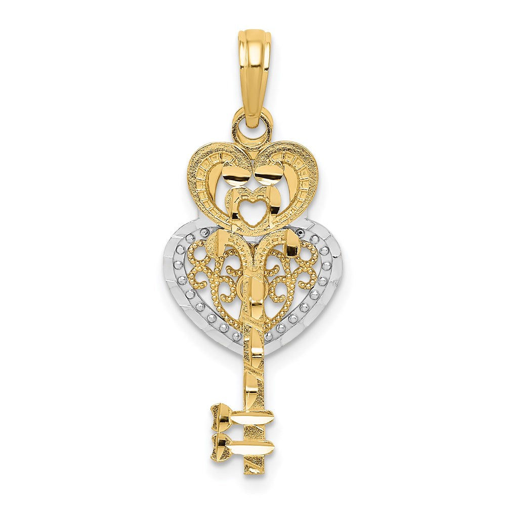 14k Yellow & Rhodium Gold w/White Rhodium Moveable Filigree Heart Key and Lock Charm