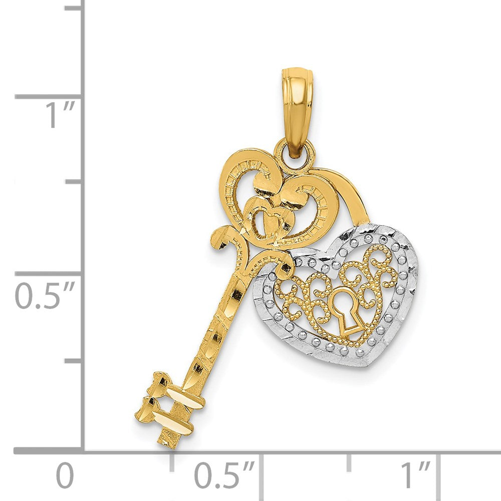 14k Yellow & Rhodium Gold w/White Rhodium Moveable Filigree Heart Key and Lock Charm