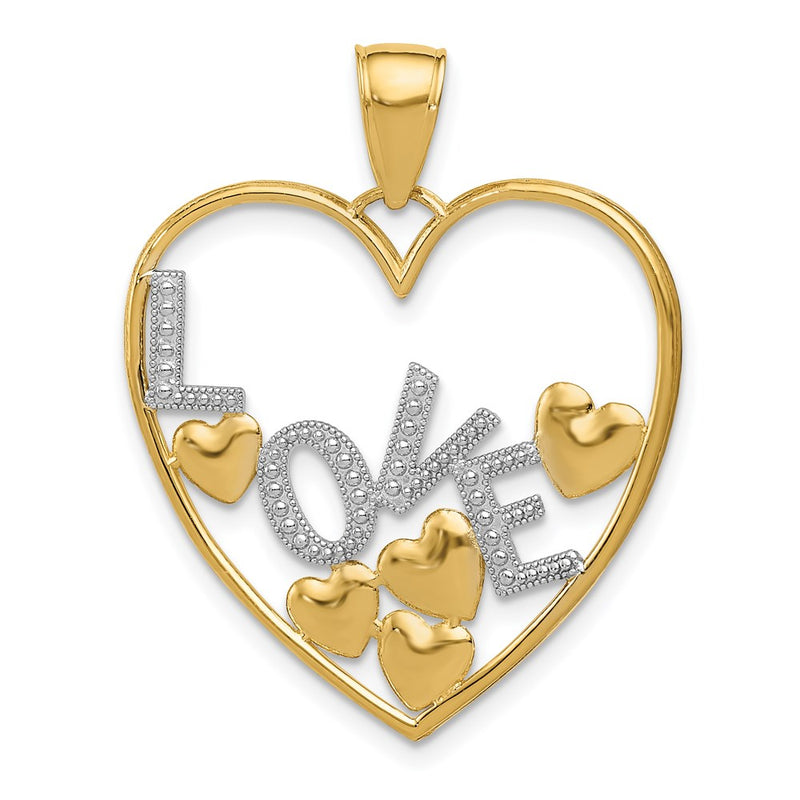 14k Yellow & Rhodium Gold w/Rhodium LOVE and Floating Hearts Pendant