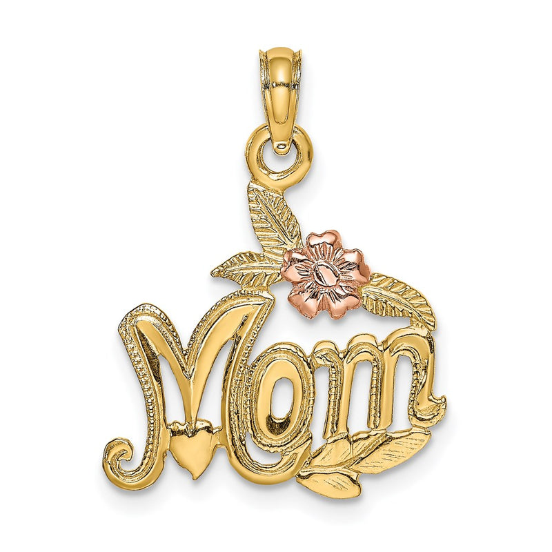 14k Two-tone Gold Polished MOM and Flower Pendant