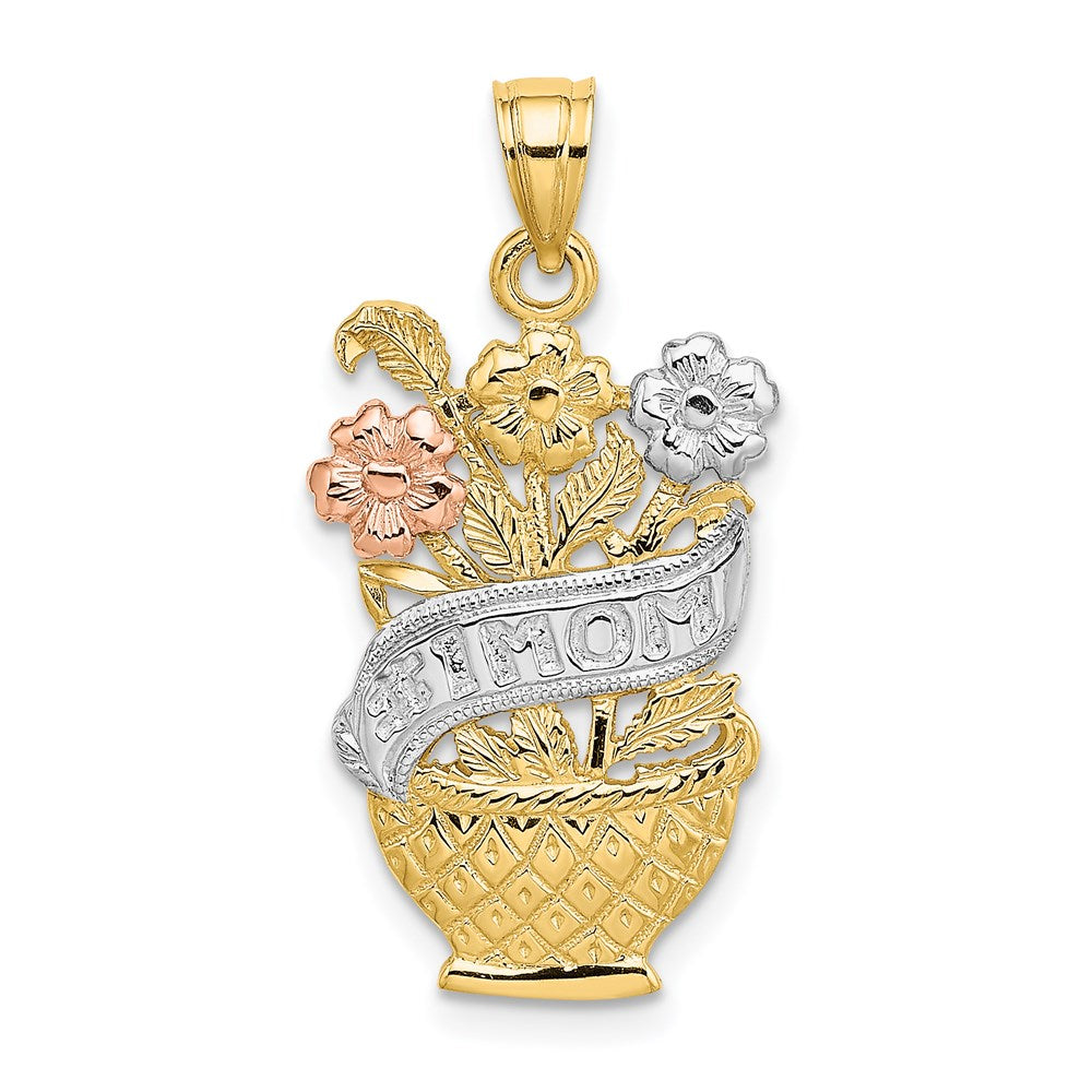 14k Two-tone Gold w/White Rhod. #1 MOM Flower Basket Charm