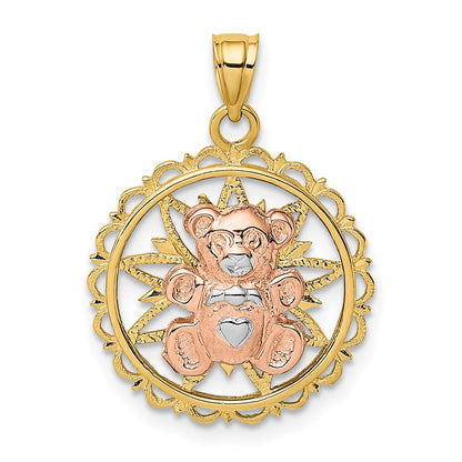 14k Two-tone Gold/Rhodium Teddy Bear on Cut-Out Disc Charm