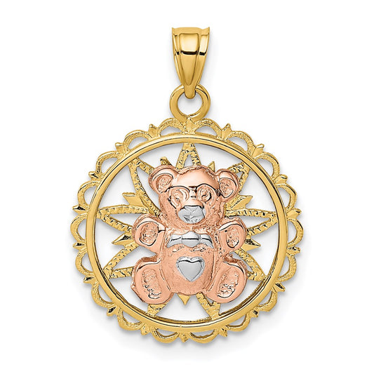 14k Two-tone Gold/Rhodium Teddy Bear on Cut-Out Disc Charm