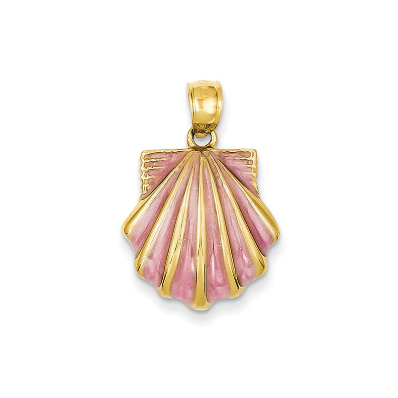 14k Yellow Gold 2-D Pink Enameled Scallop Shell Pendant