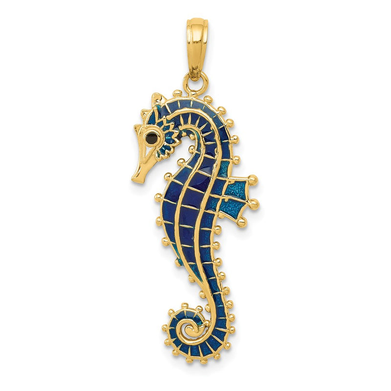 14k Yellow Gold 3-D Blue Enameled Seahorse Pendant