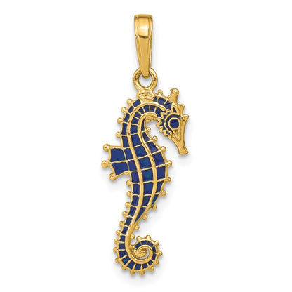 14k Yellow Gold 3-D Blue Enameled Seahorse Pendant