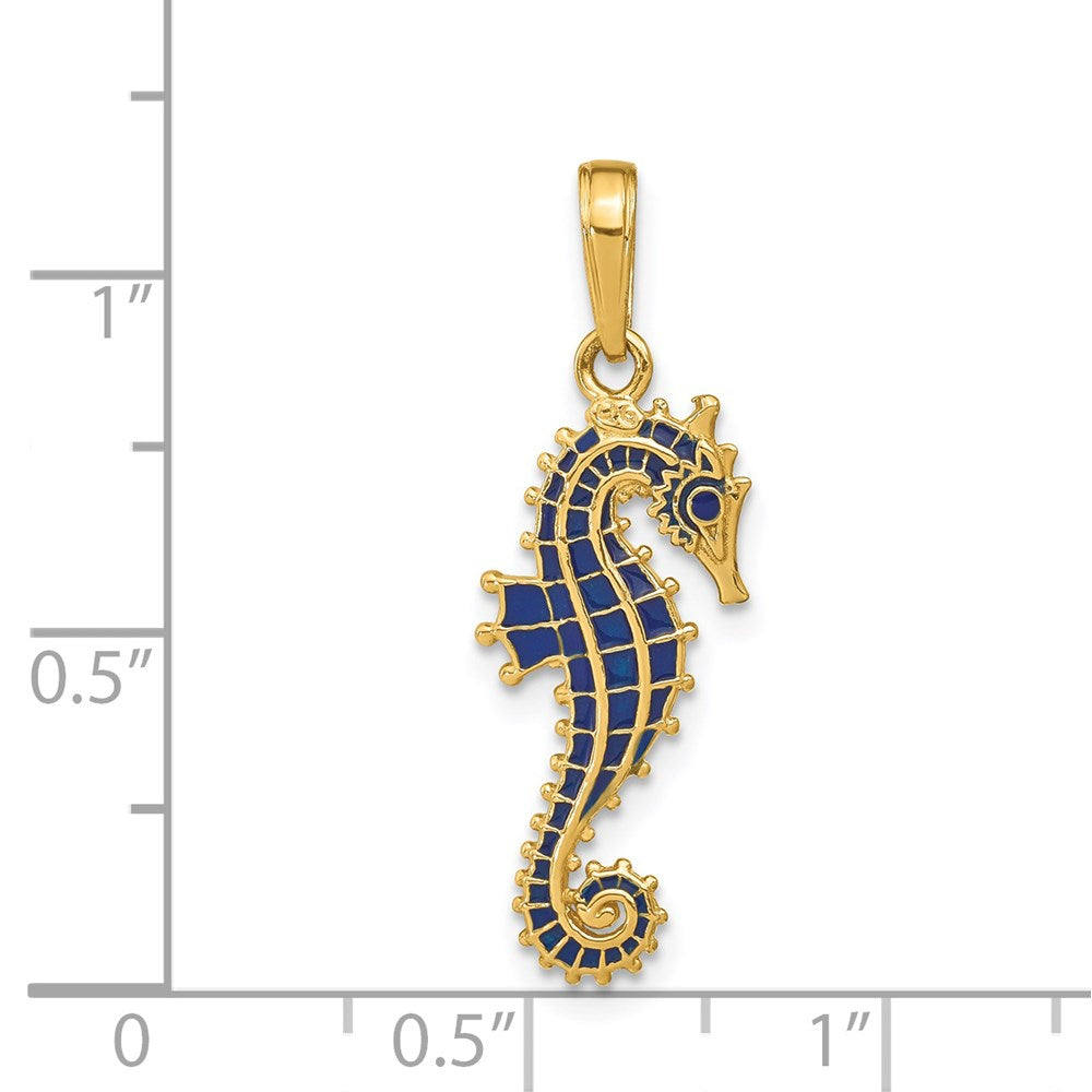 14k Yellow Gold 3-D Blue Enameled Seahorse Pendant