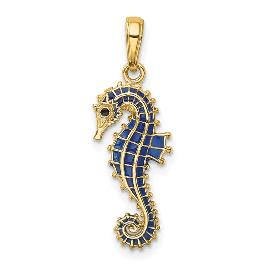 14k Yellow Gold 3-D Blue Enameled Seahorse Pendant
