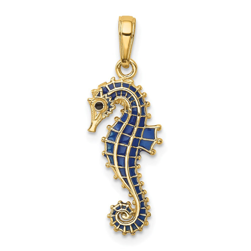 14k Yellow Gold 3-D Blue Enameled Seahorse Pendant