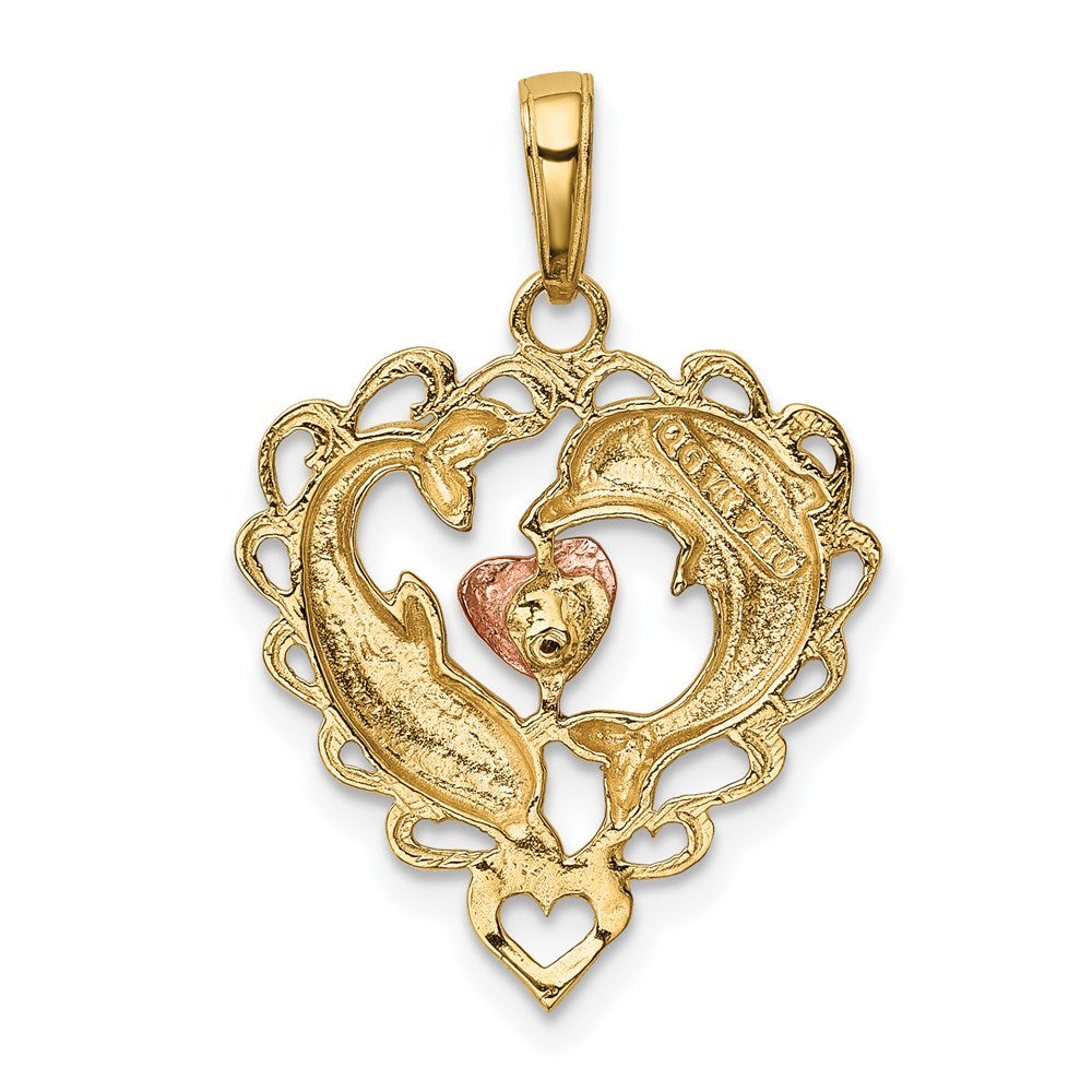 14k Two-tone Gold Two-tone Gold w/White Rhodium Dolphins In Heart Pendant