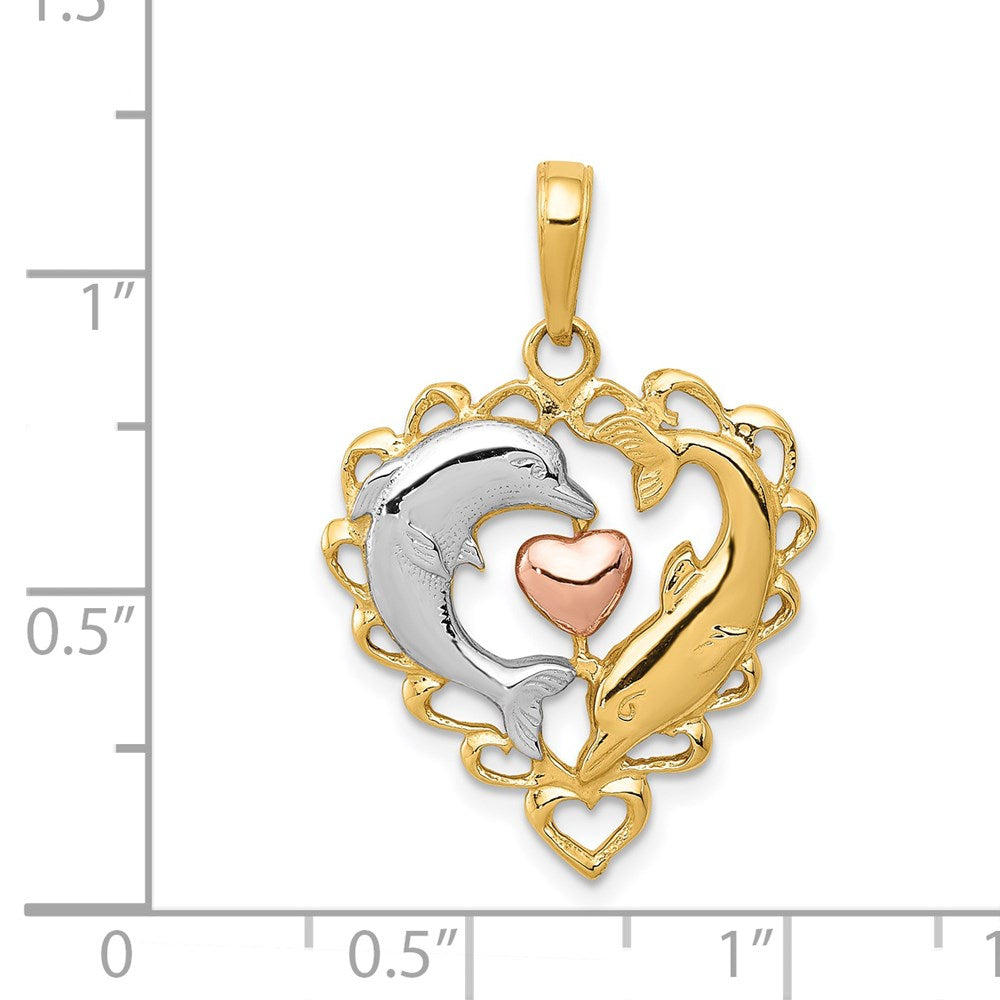 14k Two-tone Gold Two-tone Gold w/White Rhodium Dolphins In Heart Pendant