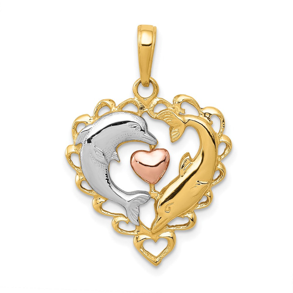 14k Two-tone Gold Two-tone Gold w/White Rhodium Dolphins In Heart Pendant