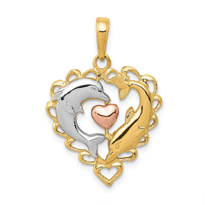14k Two-tone Gold Two-tone Gold w/White Rhodium Dolphins In Heart Pendant