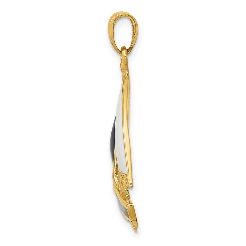 14k Yellow Gold 2-D Blue and White Enameled Sailboat Pendant