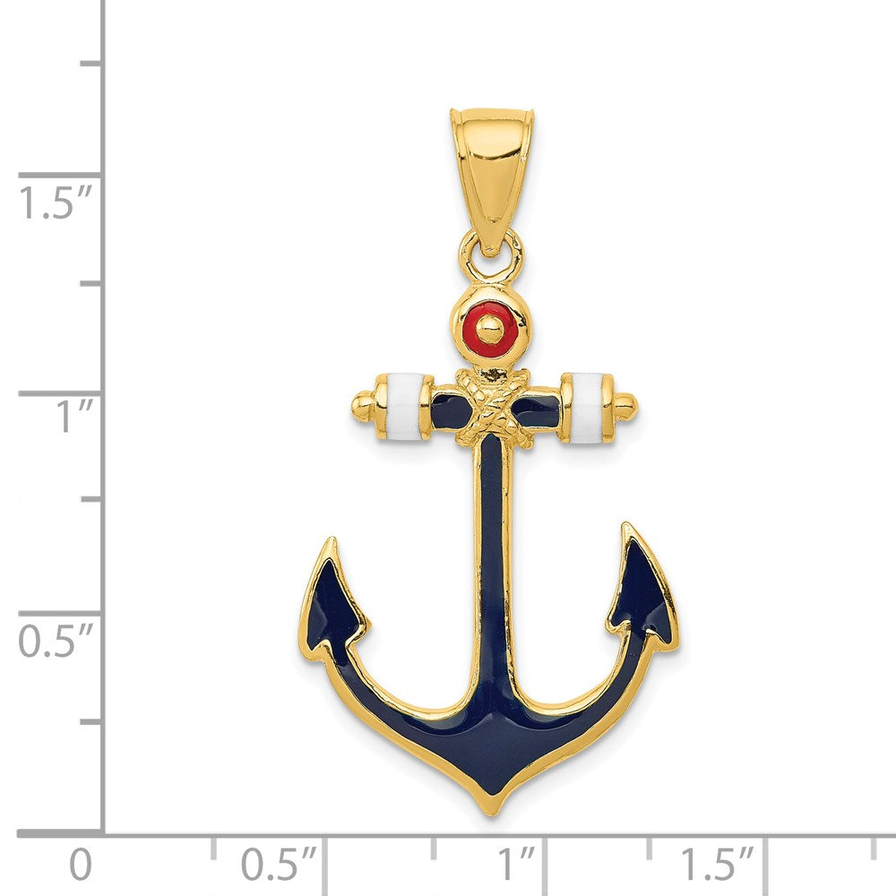 14k Yellow Gold 2-D Red White and Blue Enameled Anchor Pendant