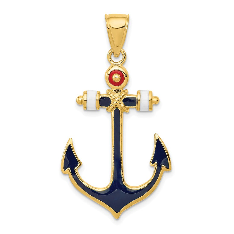 14k Yellow Gold 2-D Red White and Blue Enameled Anchor Pendant