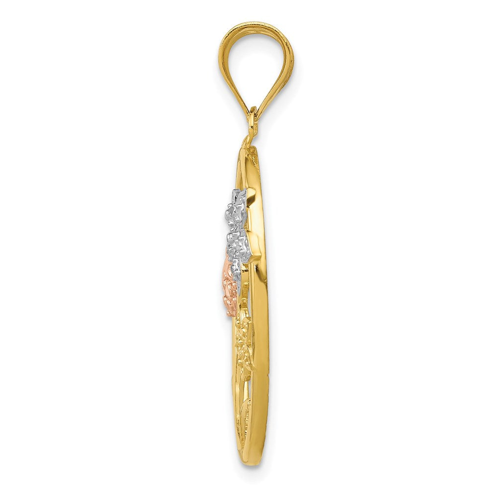 14k Two-tone Gold w/White Rhodium Diamond-cut Oval Floral Pendant