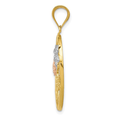 14k Two-tone Gold w/White Rhodium Diamond-cut Oval Floral Pendant