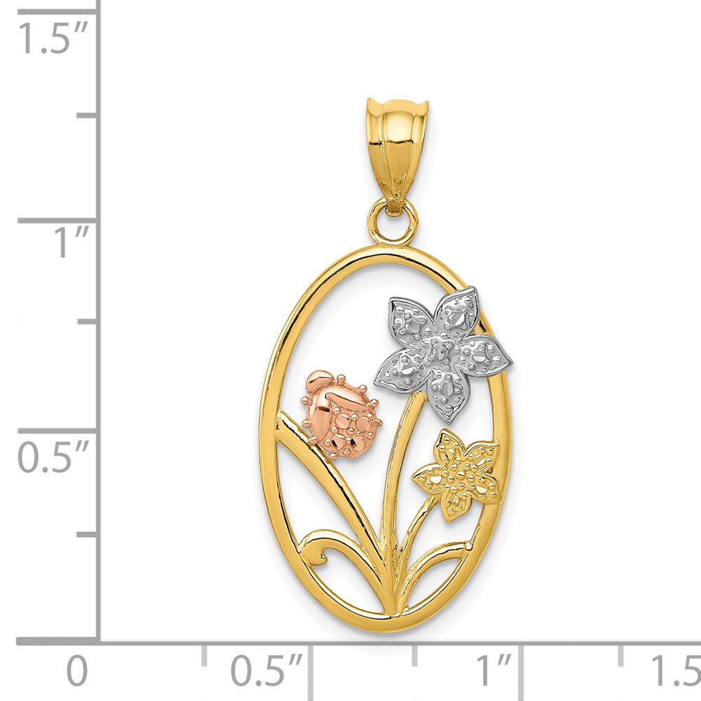 14k Two-tone Gold w/White Rhodium Diamond-cut Oval Floral Pendant