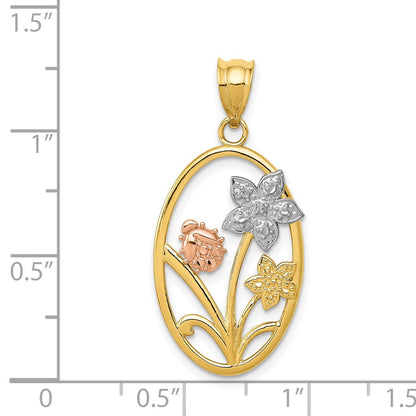 14k Two-tone Gold w/White Rhodium Diamond-cut Oval Floral Pendant
