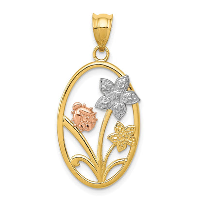 14k Two-tone Gold w/White Rhodium Diamond-cut Oval Floral Pendant