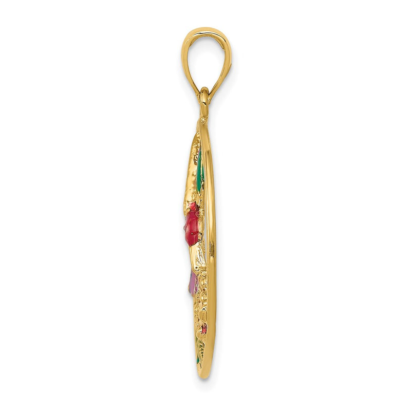 14k Yellow Gold Enameled Hummingbird and Flower in Circle Pendant