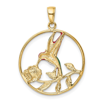 14k Yellow Gold Enameled Hummingbird and Flower in Circle Pendant