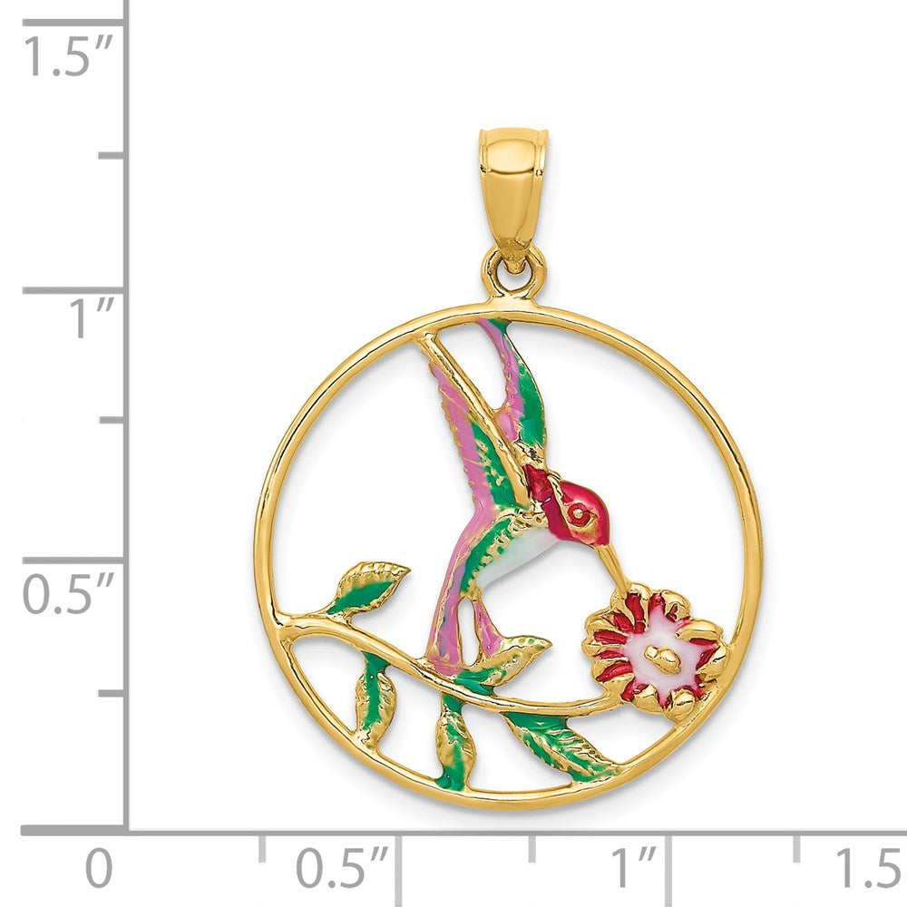 14k Yellow Gold Enameled Hummingbird and Flower in Circle Pendant
