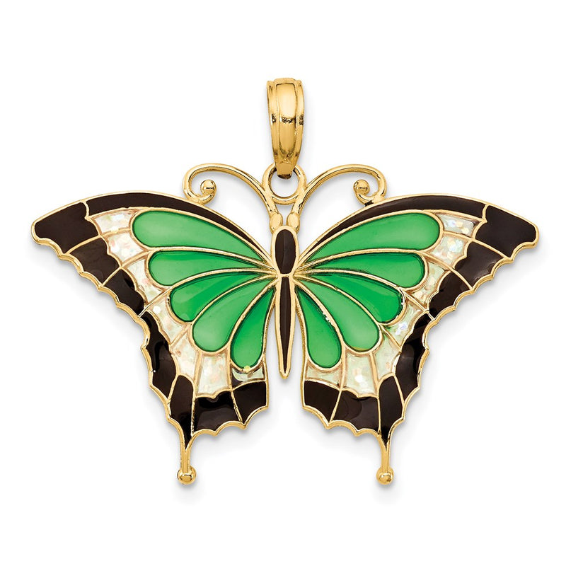 14k Yellow Gold Green Enameled Butterly Pendant