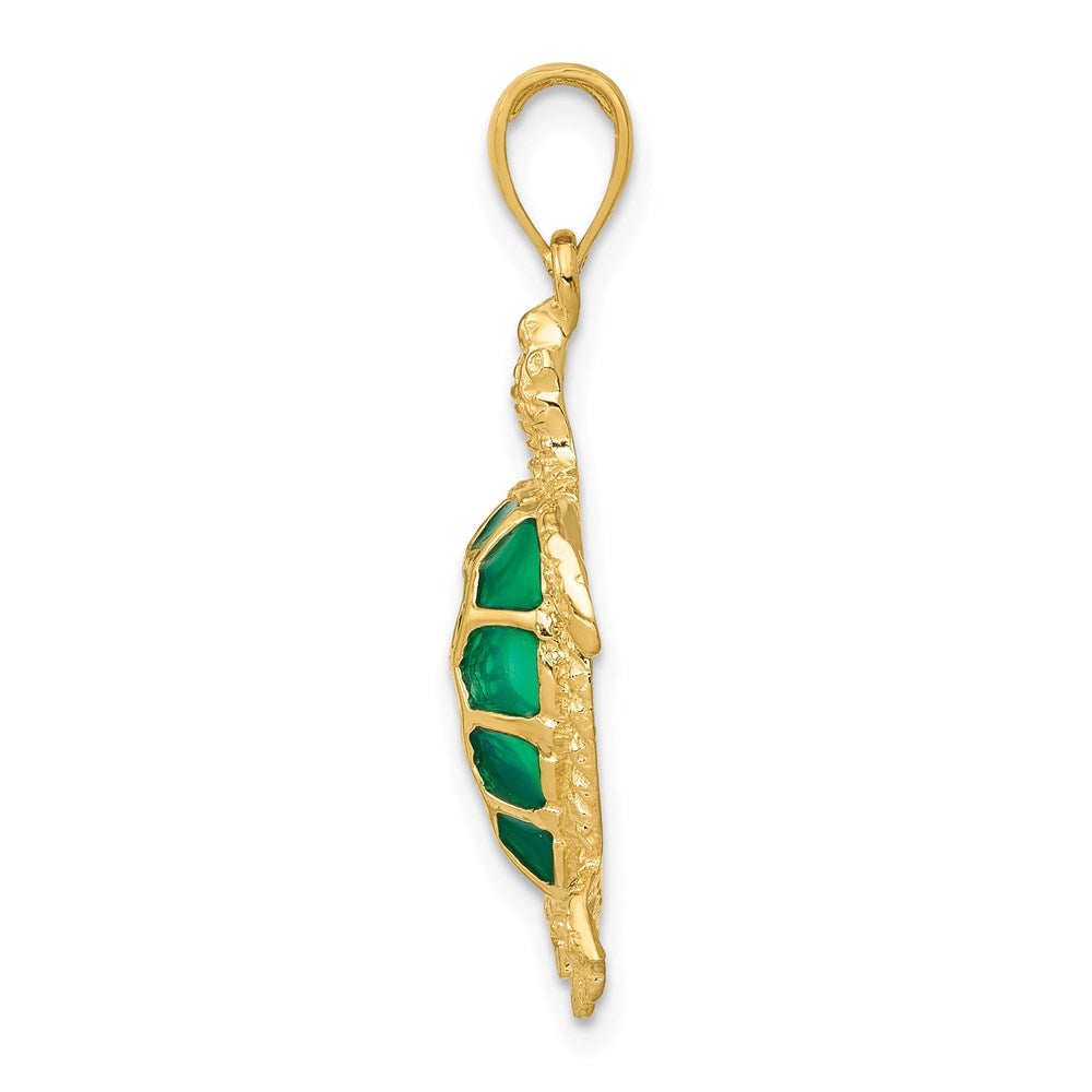 14k Yellow Gold Green Enameled Sea Turtle Pendant