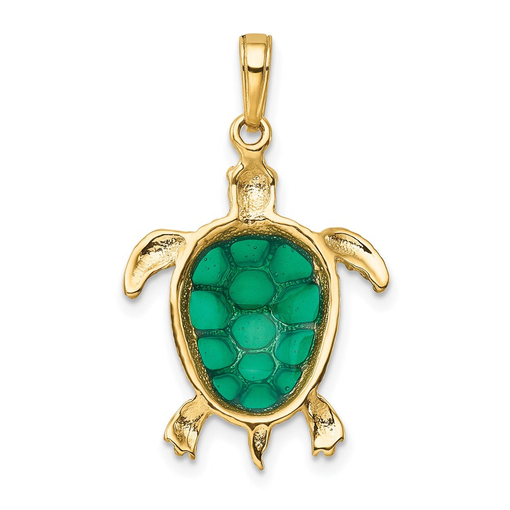 14k Yellow Gold Green Enameled Sea Turtle Pendant