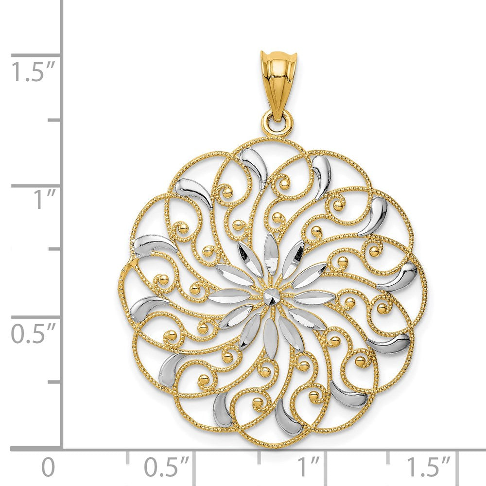 14k Yellow & Rhodium Gold and Rhodium Diamond-cut Fancy Swirl Pendant
