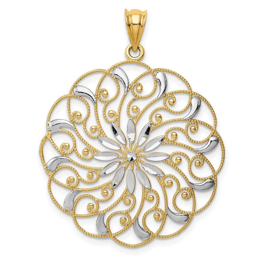 14k Yellow & Rhodium Gold and Rhodium Diamond-cut Fancy Swirl Pendant
