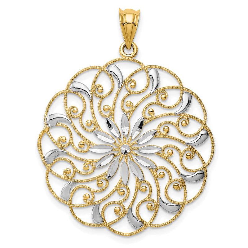 14k Yellow & Rhodium Gold and Rhodium Diamond-cut Fancy Swirl Pendant