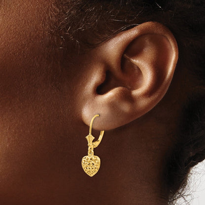 14k Yellow Gold 3-D Diamond-cut Mini Puffed Heart Leverback Earrings