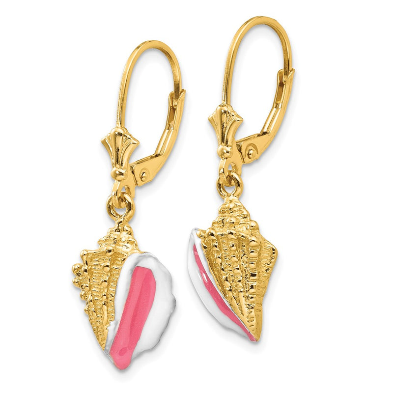 14k Yellow Gold Enameled Conch Shell Leverback Earrings